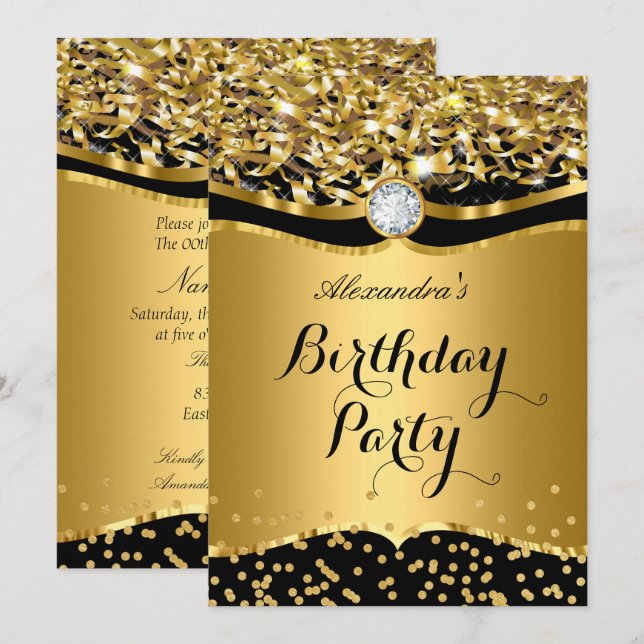 Birthday Party Glitzer Gold Black Confetti Einladu Einladung (Vorne/Hinten)