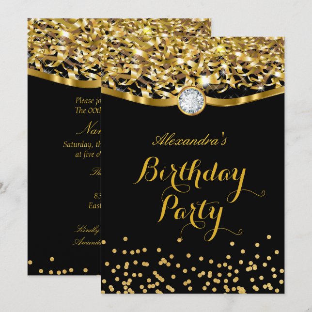 Birthday Party Glitzer Gold Black Einladung (Vorne/Hinten)