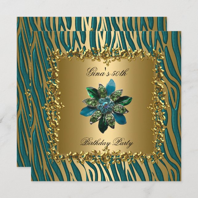 Birthday Party Gold Aquamarin Blue Floral Frauen 5 Einladung (Vorne/Hinten)