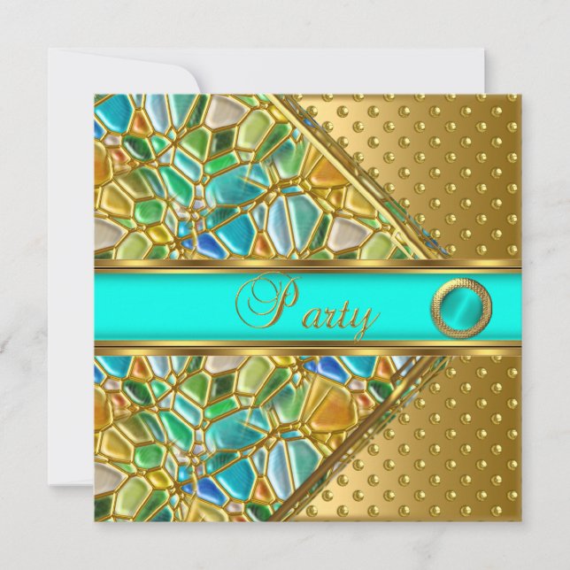 Birthday Party Gold Aquamarin Blue Gold Spot Mosia Einladung (Vorderseite)