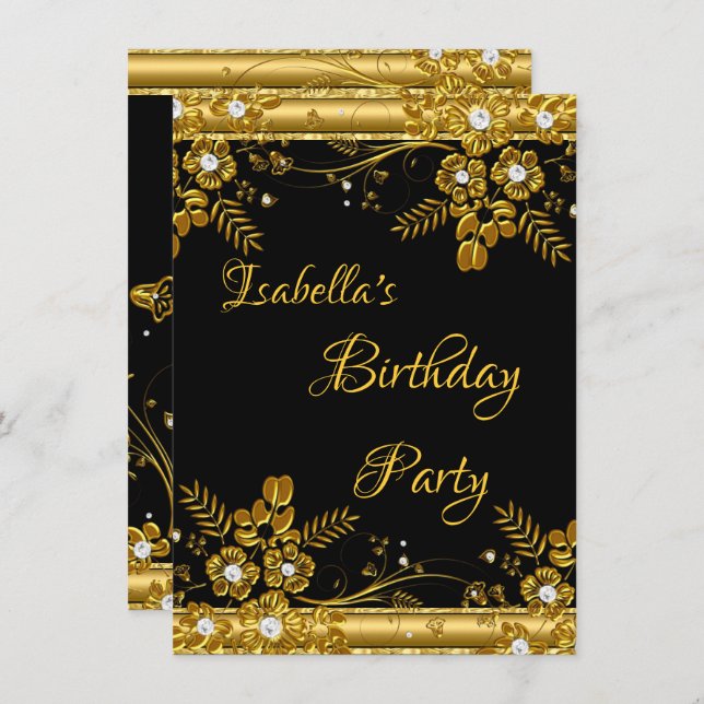 Birthday Party Gold Black Diamond Floral Swirl Einladung (Vorne/Hinten)