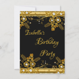 Birthday Party Gold Black Diamond Floral Swirl Einladung