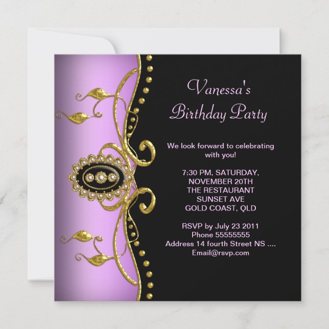 Birthday Party Gold Black Lilac Pink Einladung (Vorderseite)