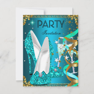 Birthday Party Gold Blue Shoes Einladung