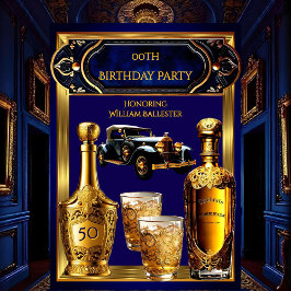 Birthday Party Gold Blue Vintage Car Drinks Einladung