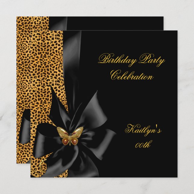 Birthday Party Gold Cheetah Black Butterfly Einladung (Vorne/Hinten)