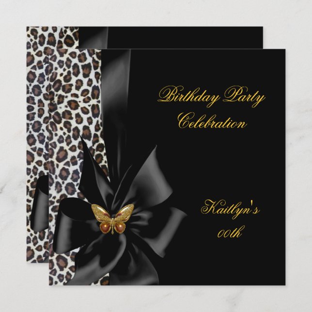 Birthday Party Gold Cheetah Black Butterfly Einladung (Vorne/Hinten)