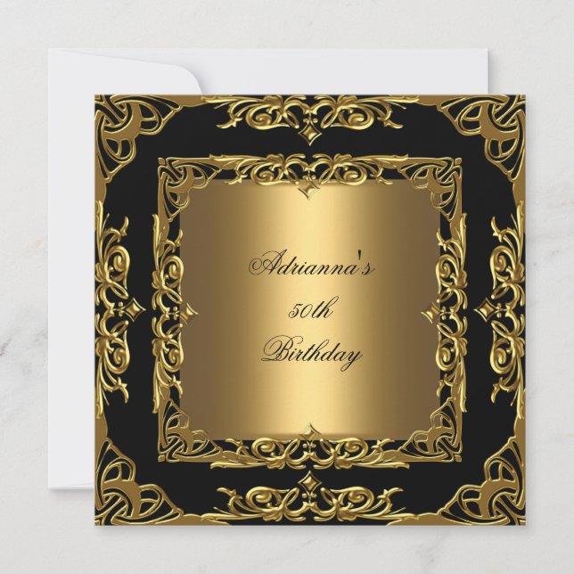 Birthday Party Gold Lace 50. Gold Overlay Black 2 Einladung (Vorderseite)