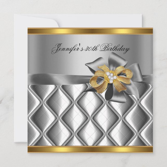 Birthday Party Gold Tile Trimm Silver Gray Diamond Einladung (Vorderseite)
