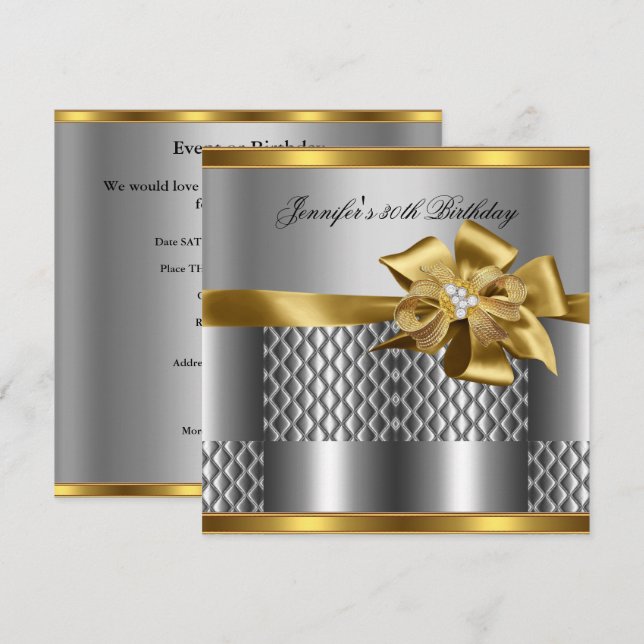 Birthday Party Gold Tile Trimm Silver Gray Diamond Einladung (Vorne/Hinten)