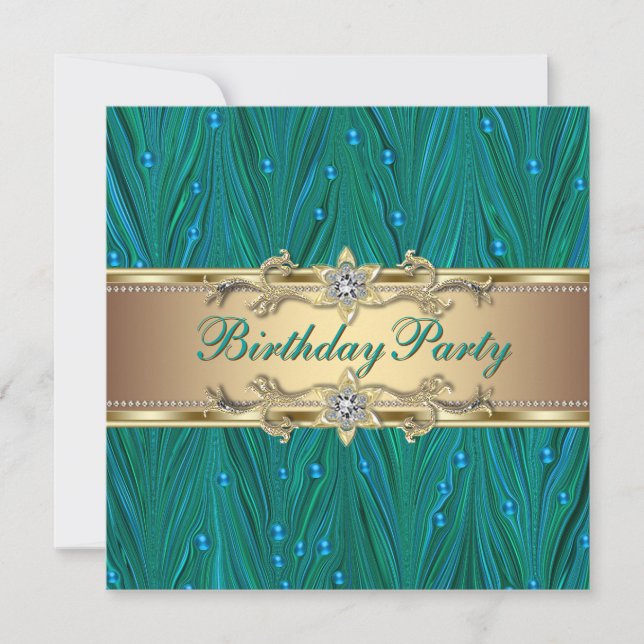 Birthday Party Gold und Peacock Aquamarin Blue Einladung (Vorderseite)