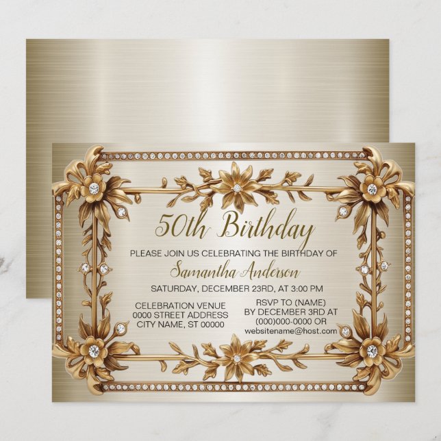 Birthday Party Gold Verziert Rectangle Dimond Blum Einladung (Vorne/Hinten)