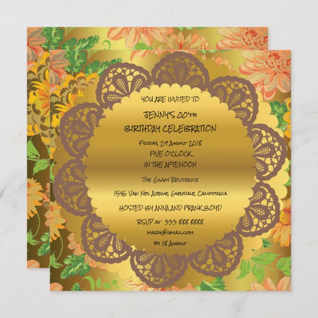 Birthday Party Golden Floral Royal Ornament Einladung (Vorne/Hinten)