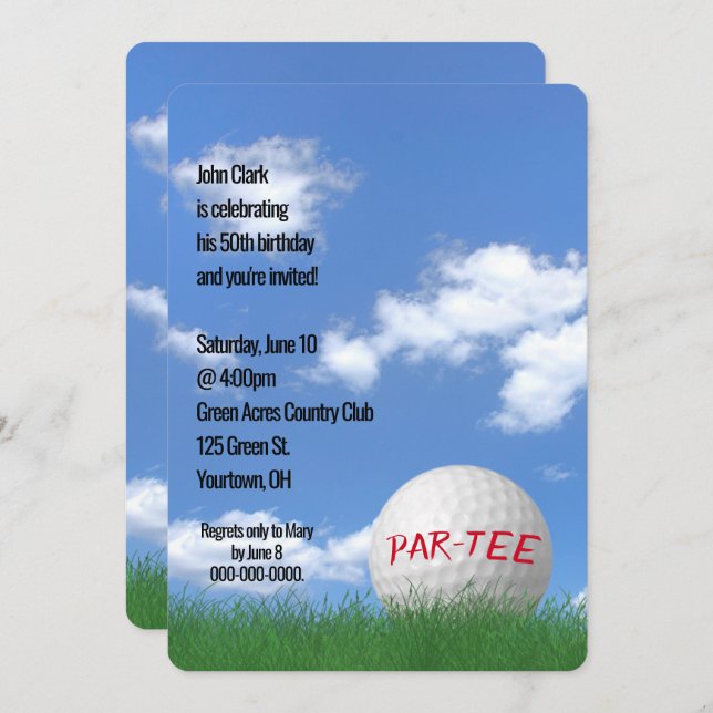 Birthday Party Golf Ball im Grass Einladung (Vorne/Hinten)