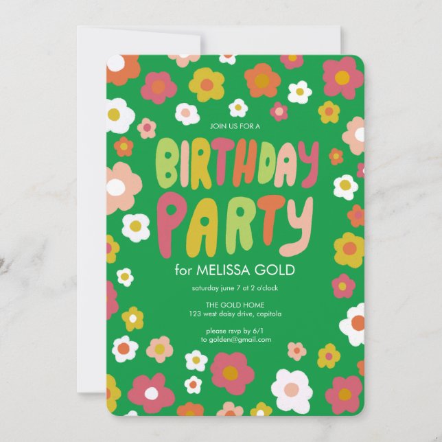 BIRTHDAY PARTY Groovy Daisies Floral CUSTOM Einladung (Vorderseite)