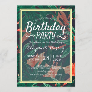 Birthday Party Hawaiian Tropical Floral Gold Frame Einladung