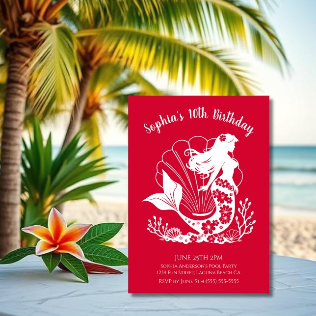 Birthday Party-Hawaiianische Meerjungfrau Einladung (Hawaiian Mermaid Tropical Flowers Sea Shells Coral, Summer Beach, Fisherman Style Birthday )