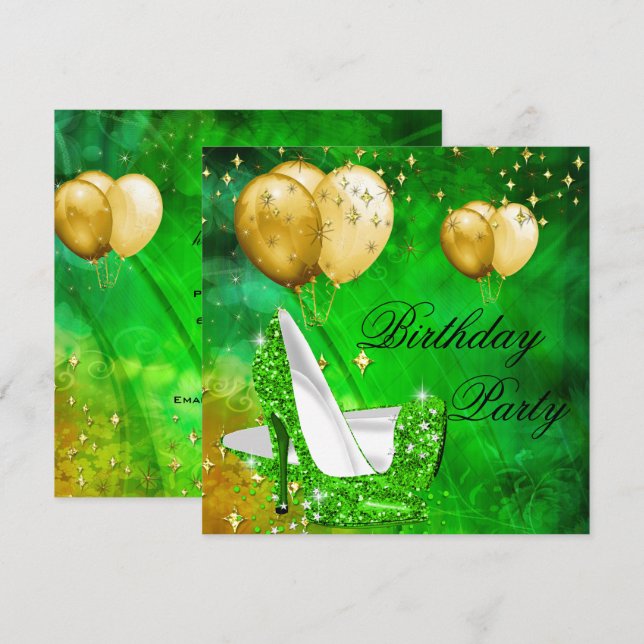 Birthday Party High Heels Limette Green Gold Einladung (Vorne/Hinten)