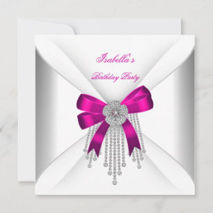 Birthday Party Hot Pink Bow Silver White Diamond Einladung