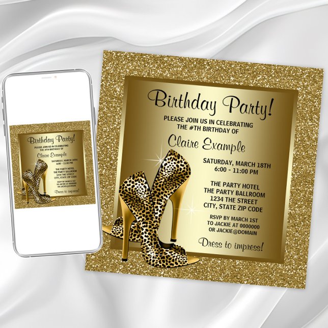 Birthday Party in Black and Gold Leopard Einladung (Elegant gold leopard shoe any occasion invitation. Instant download & printed invitations available.)