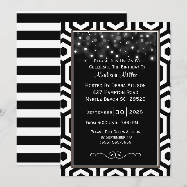 Birthday Party in Black and White Confetti Einladung (Vorne/Hinten)