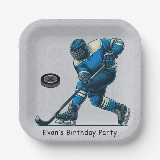 Birthday Party in Blue and Grey Hockey Pappteller (Vorderseite)