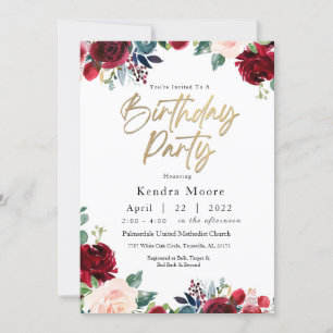 Birthday Party in Burgund Floral Einladung