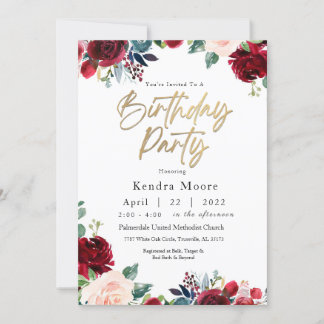 Birthday Party in Burgund Floral Einladung