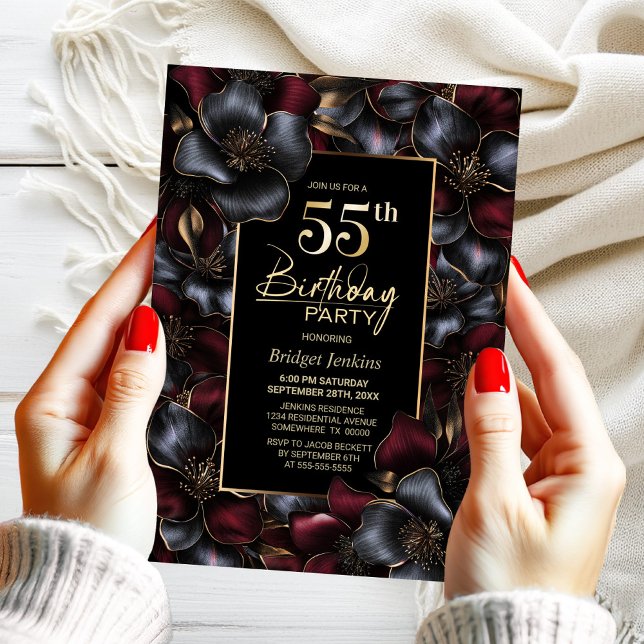 Birthday Party in Burgund und Gray Floral 55 Einladung (Von Creator hochgeladen)