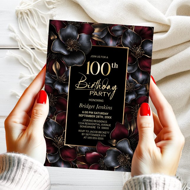 Birthday Party in Burgund und Gray Floral Einladung (Von Creator hochgeladen)