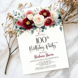 Birthday Party in Burgund und Weiße Flora Einladung