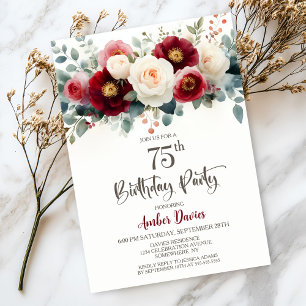 Birthday Party in Burgund und Weißflora Einladung