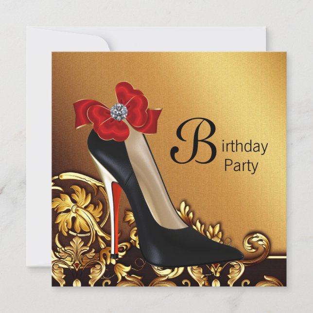 Birthday Party in Gold Red Black High Heel Shoel Einladung (Vorderseite)