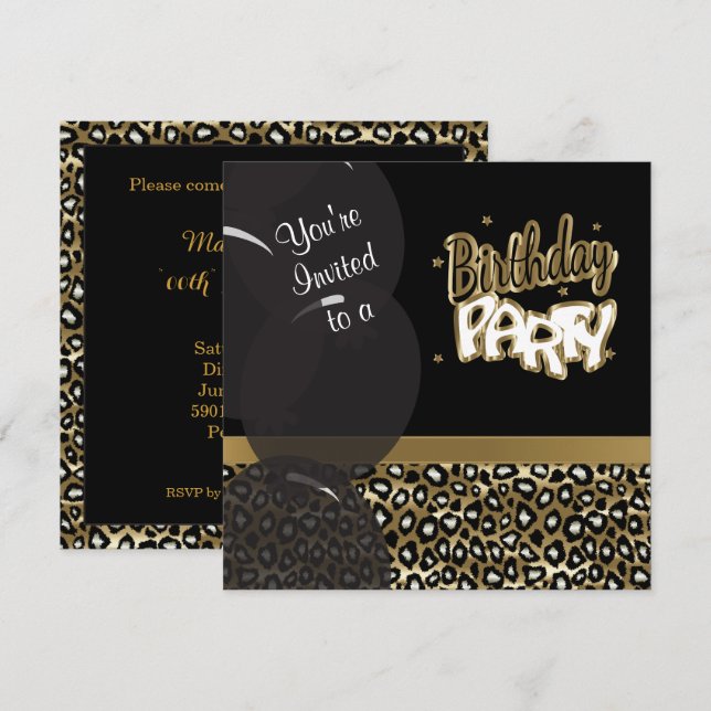 Birthday Party in Gold und Black Leopard Einladung (Vorne/Hinten)