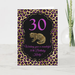 Birthday Party in Gold und Lila Leopard Print Karte
