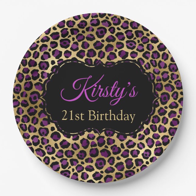 Birthday Party in Gold und Lila Leopard Print Pappteller (Vorderseite)