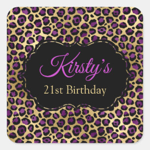 Birthday Party in Gold und Lila Leopard Print Quadratischer Aufkleber