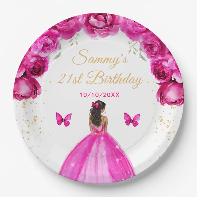 Birthday Party in Hot Pink Dark Skin Princess Pappteller (Vorderseite)