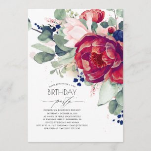 Birthday Party in Navy Blue und Burgundy Red Flora Einladung
