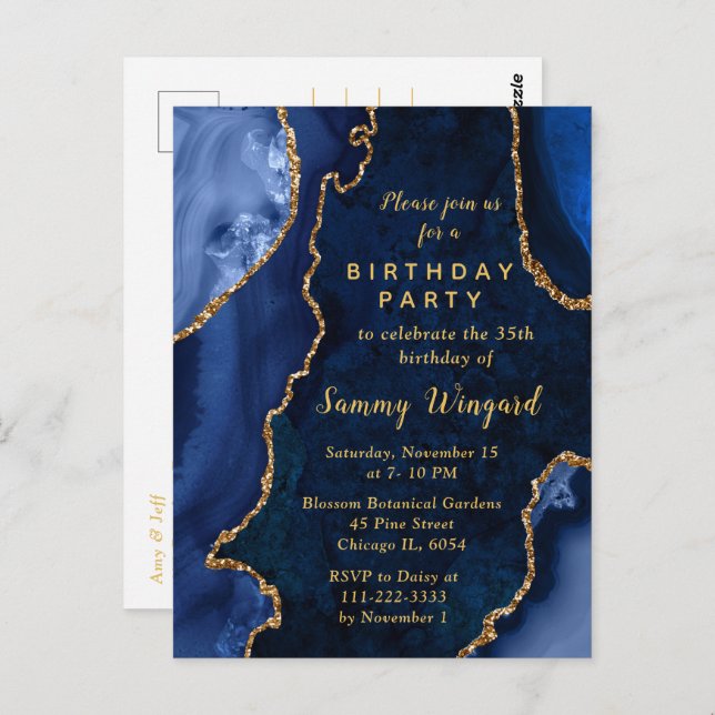 Birthday Party in Navy Blue und Gold Agate Marble Postkarte (Vorne/Hinten)