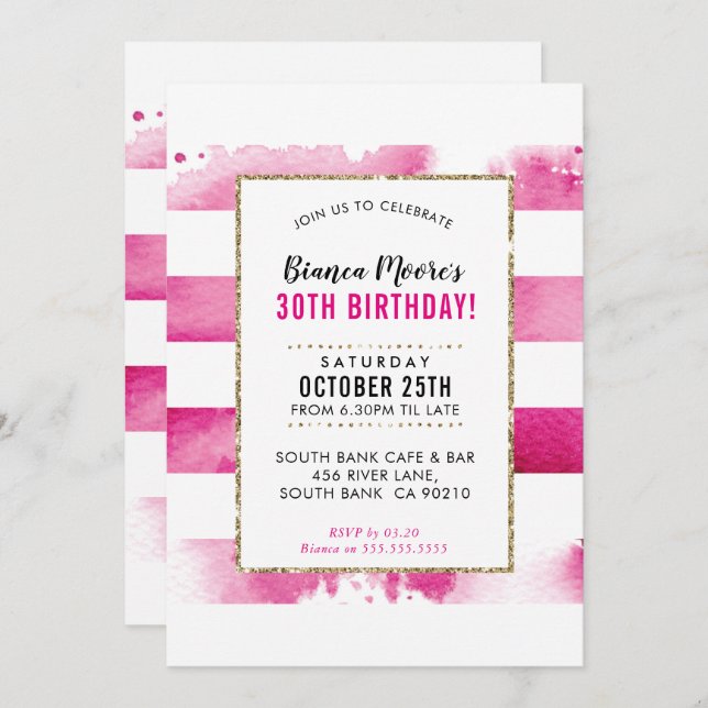 BIRTHDAY PARTY INVITE Gold rosa Aquarellstreifen Einladung (Vorne/Hinten)