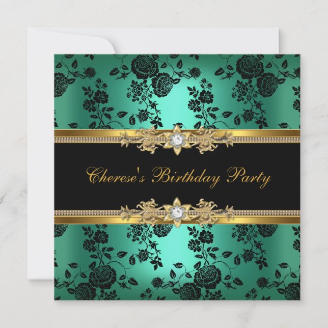 Birthday Party Jade Damask Gold Black Diamond Einladung (Vorderseite)