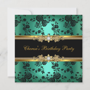 Birthday Party Jade Damask Gold Black Diamond Einladung