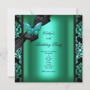 Birthday Party Jade Green Black Damask Butterfly Einladung