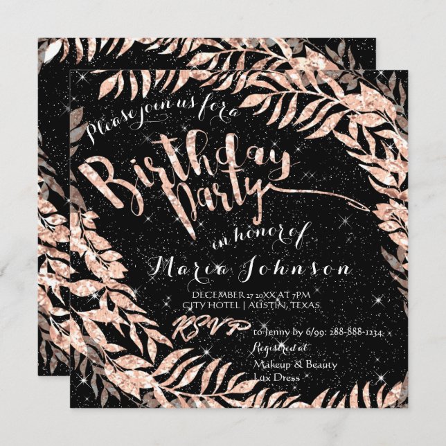 Birthday Party Leaf Wreath Glitzer Black Rose Gold Einladung (Vorne/Hinten)