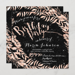 Birthday Party Leaf Wreath Glitzer Black Rose Gold Einladung