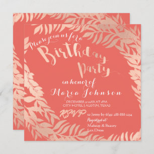 Birthday Party Leafs Wrath Pink Rose Gold Coral Einladung
