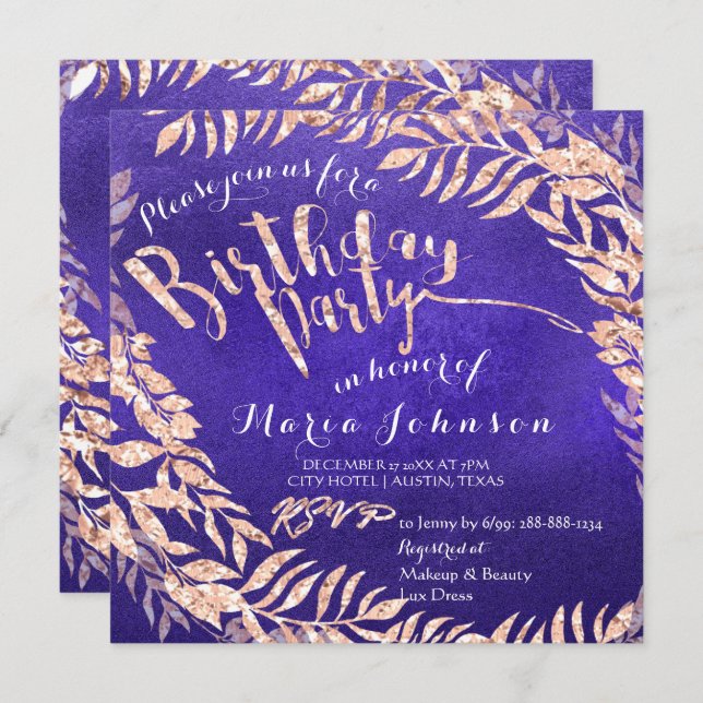 Birthday Party Leafs Wreath Indigo Blue Rose Gold Einladung (Vorne/Hinten)