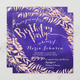 Birthday Party Leafs Wreath Indigo Blue Rose Gold Einladung