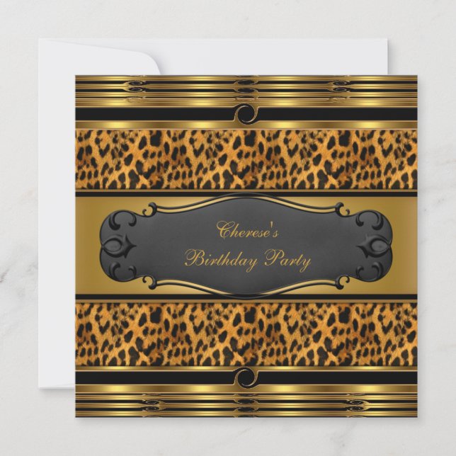 Birthday Party Leopard Tierdrucke Gold Black Einladung (Vorderseite)